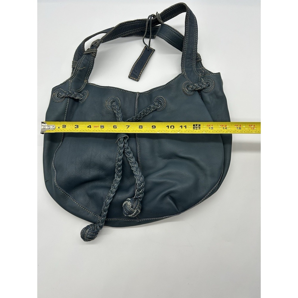 Fossil Blue Leather Shoulder Hobo Bag Purse Dual Handle Drawstring Closure - Picture 4 of 10